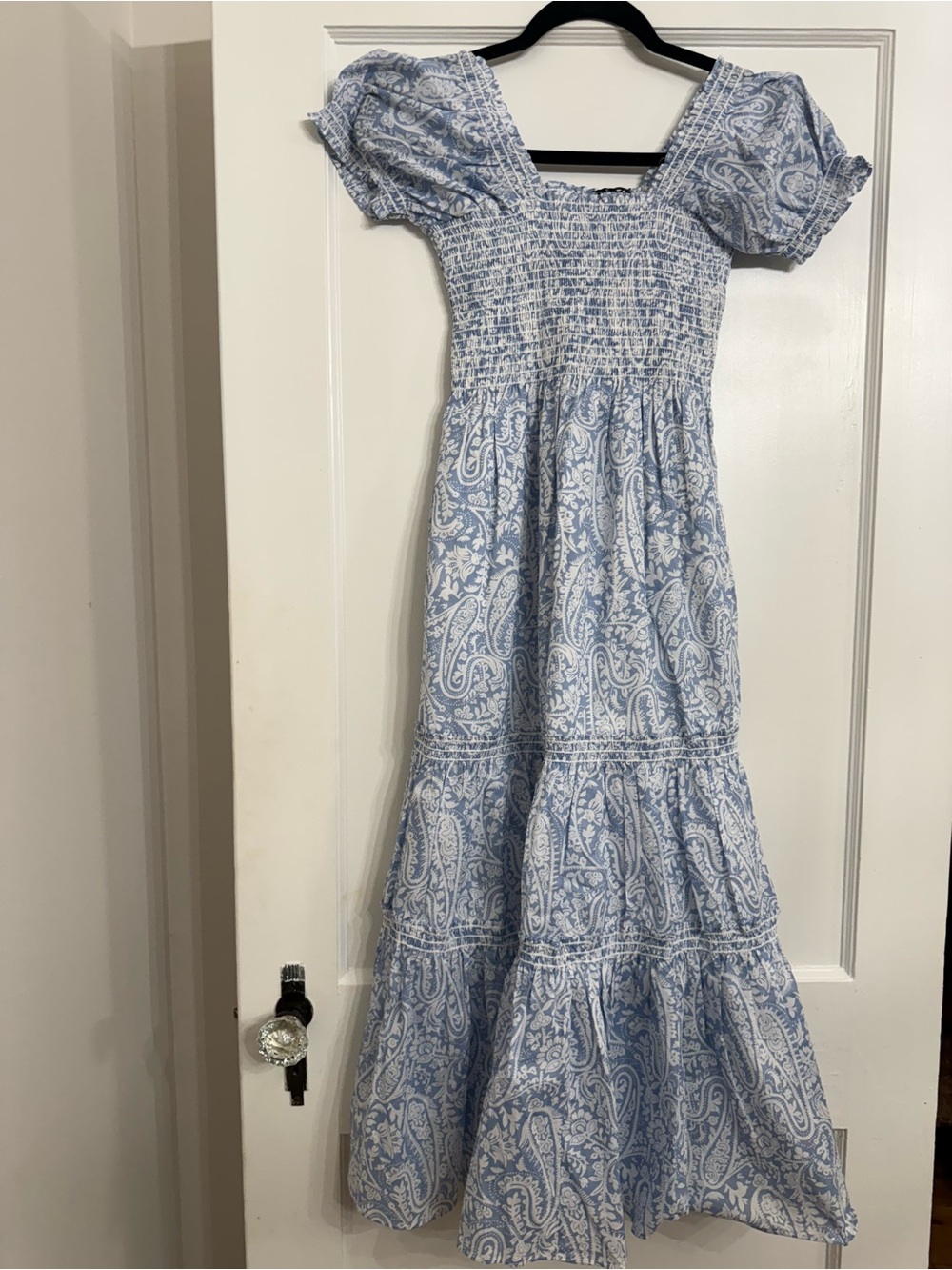 o.p.t. Square Neck Smocked Maxi Dress Blue Paisley Print Cotton Puff Sleeve XS - Picture 4 of 11